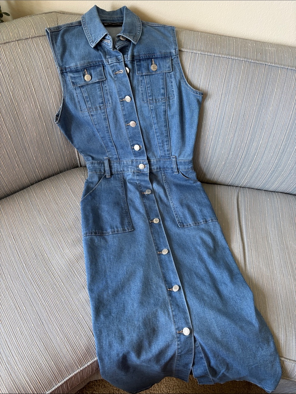 New York & Company Sleeveless Denim Midi Dress in Blue